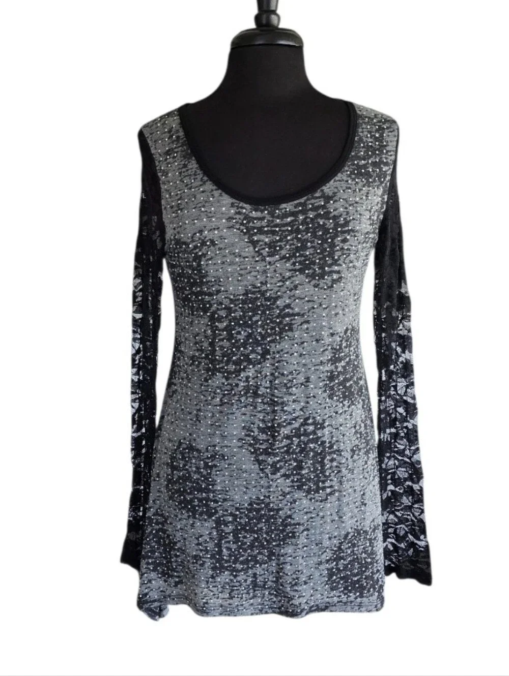 Vintage Y2K Vocal Bling Baddie Black and Gray Long Sleeve Tee Lace Indie Sleeze